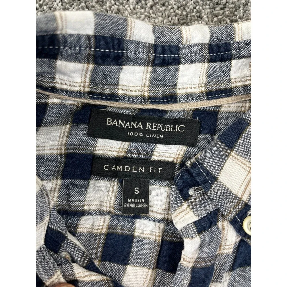 Banana Republic Shirt Mens S Camden Fit Button Down Linen Long Sleeve Plaid Blue